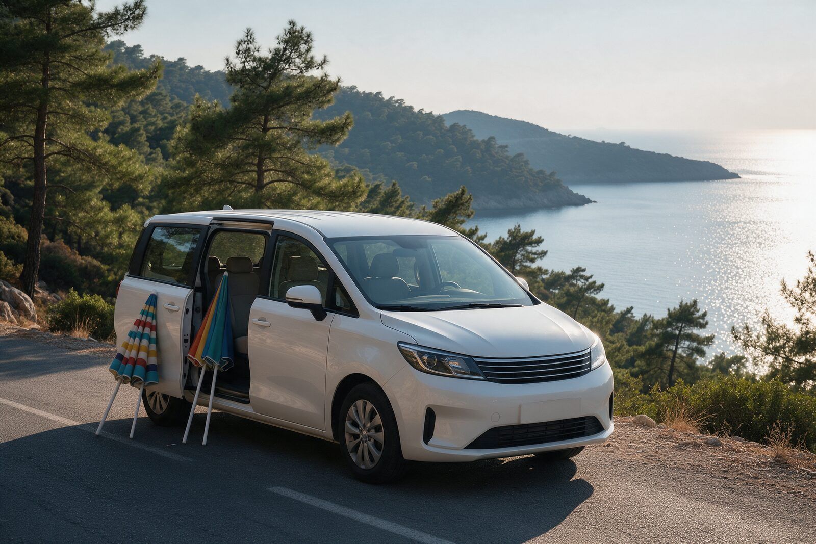Çamlı yolda koyun üstünde duran sürgülü kapısı açık beyaz minivan ve plaj şemsiyeleri